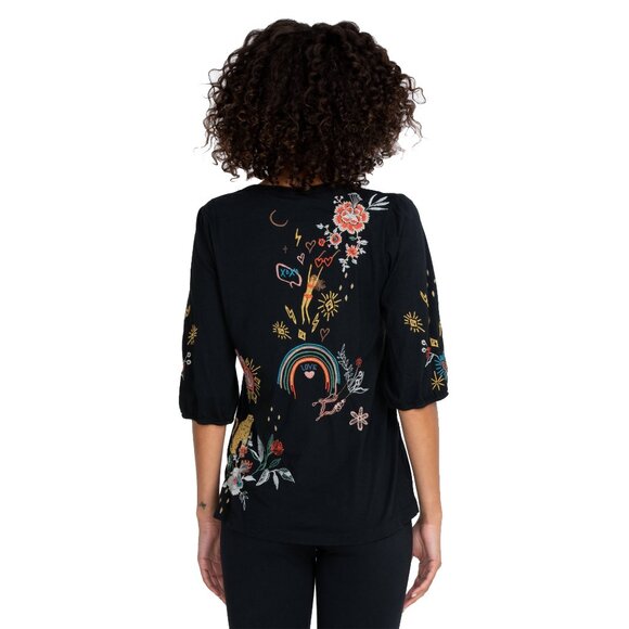 Johnny Was Ruth Puff Sleeve Floral Embroidered Tee Cotton Shirt Black Top NEW - Picture 3 of 7